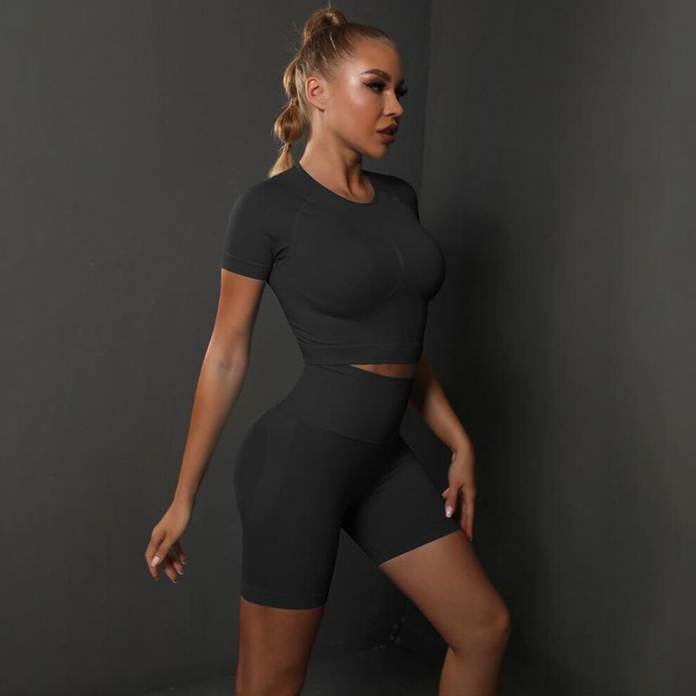 (black, M) Nessaj Seamless Sport Set Women Yoga Suit Long Sleeve Crop Top Shirt Sexy Fitness Leggings Workout Outfit