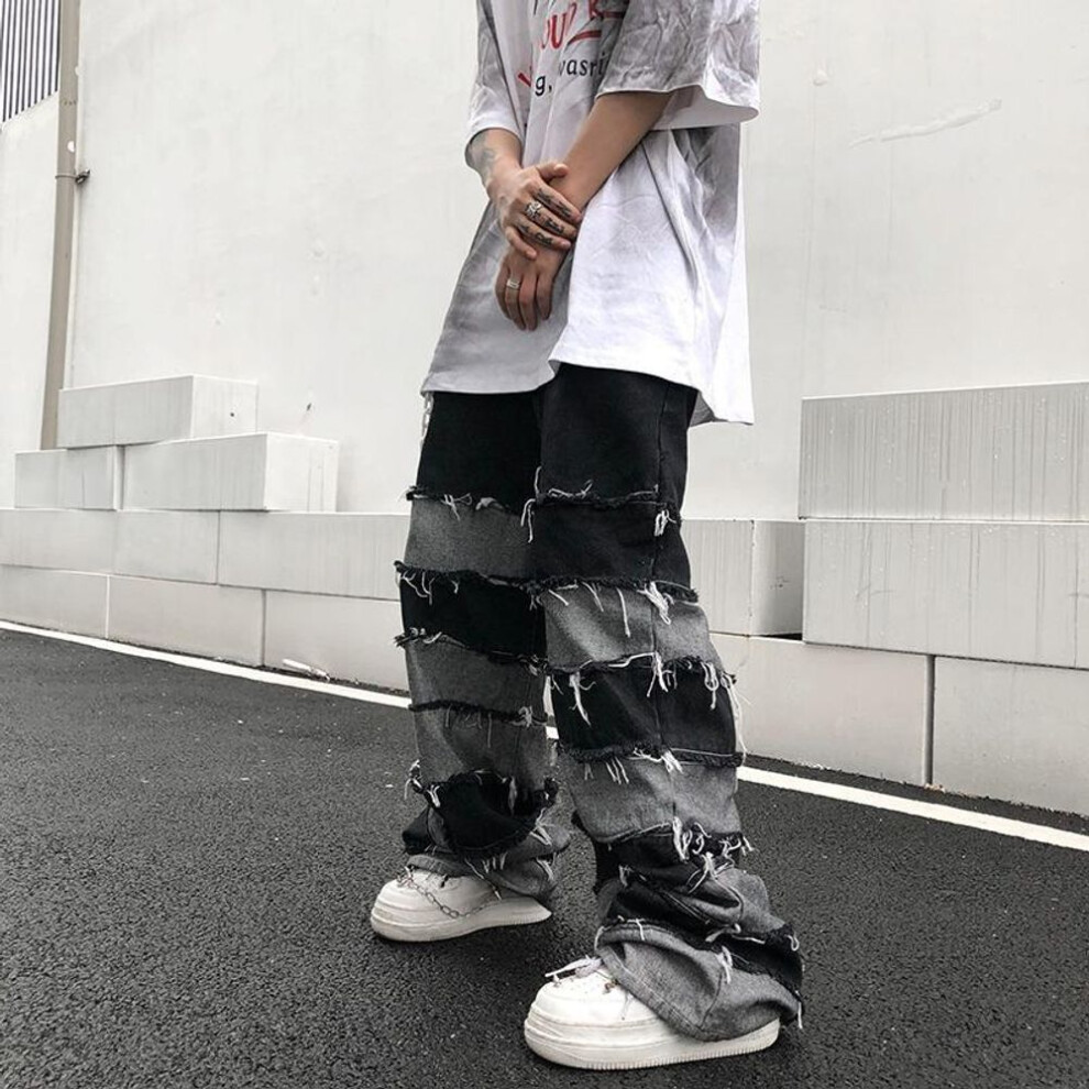 (black, 4XL) Men&apos;s Oversized Vintage Patchwork Style Hip Hop Wide Leg Denim Pants Baggy Ripped Distressed Jeans Y2K Grunge For Men Streetwear