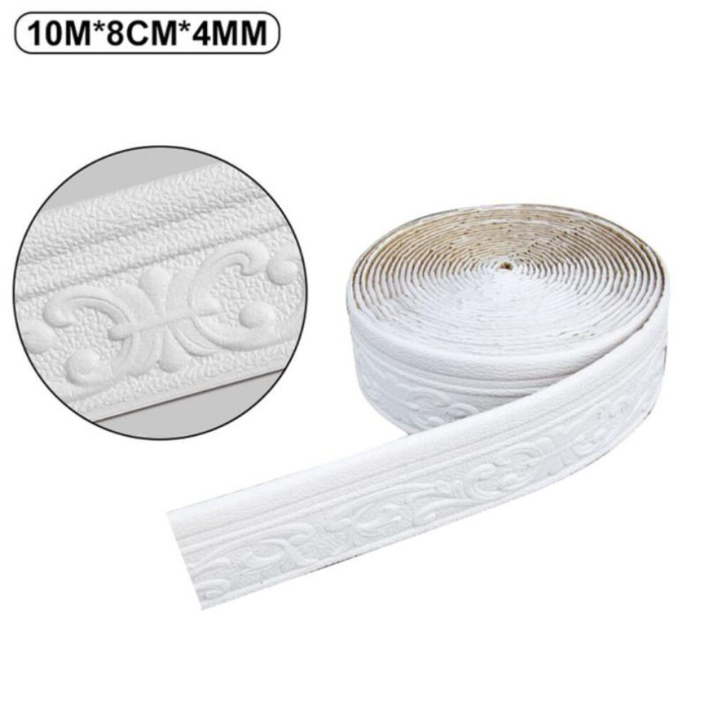 (white, 10M*8CM) 10M 3D Self-adhesive Wall Trim Line Skirting Border Waterproof Baseboard Wallpaper Sticker for Living Room Home Decoration
