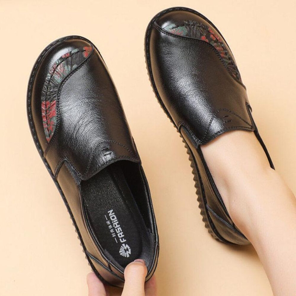 (black, 40) Spring Luxury Women Flat Shoes Retro Vintage Genuine Leather Loafers Black Women&apos;s Shoes