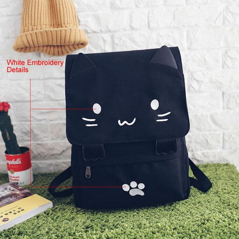 (black) SCIONE Cute Cat Canvas Backpack Cartoon Embroidery Teenage Girls School Fashio Rucksack mochilas Bag