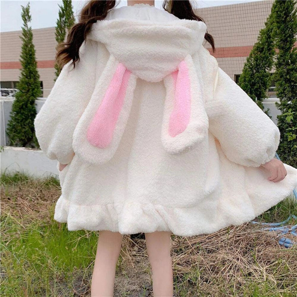 (white, 2XL) Bunny Ears Kawaii Hoodies Women Lolita Winter Warm Lambswool Oversized Sweatshirt Cute Long Sleeve Zip Up Hooded Fleece Jacket
