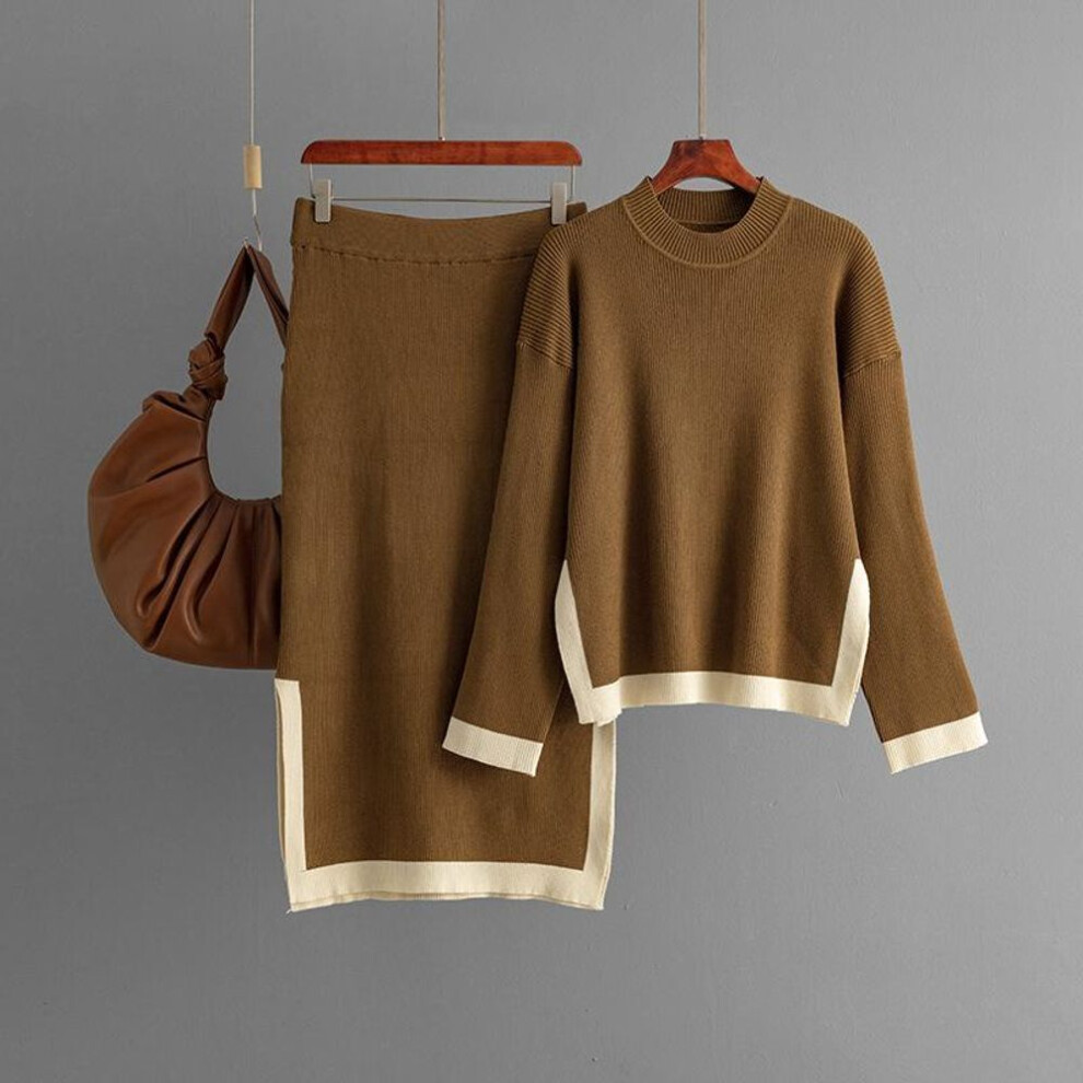 (coffee, One Size) Fall Winter Lazy Wind Loose High Collar Pulllover Sweater Suit Women&apos;s Solid Color Long Sleeve Knit Wide Leg Skirt Two Piece Set