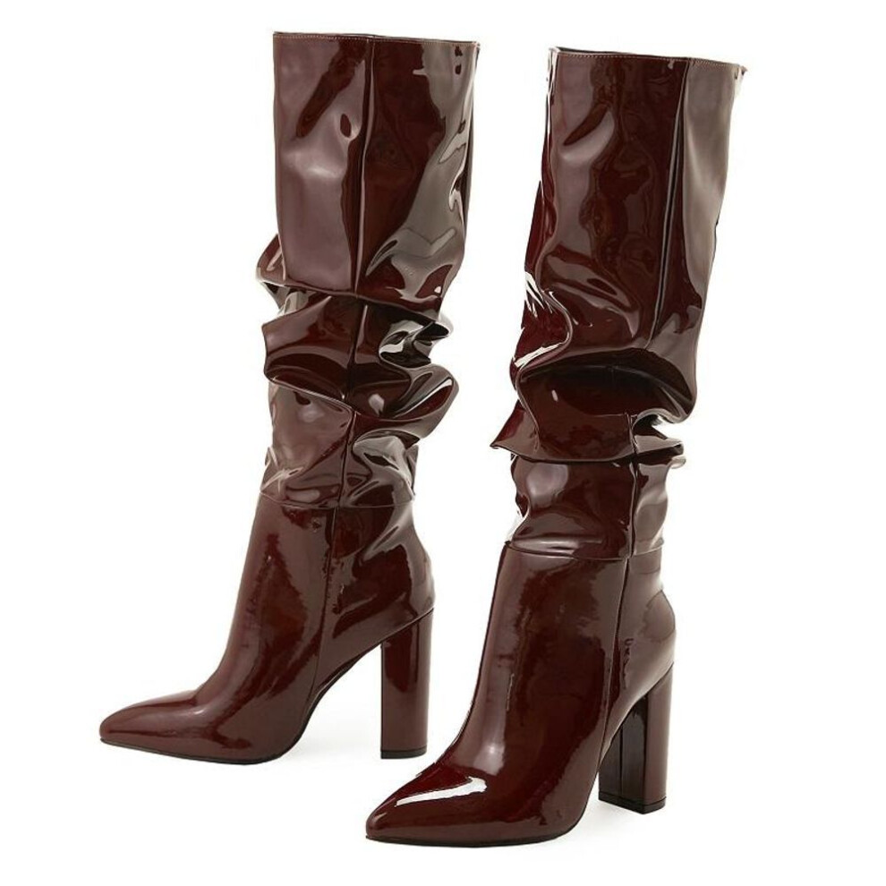 (brown, 41) Eilyken Sexy Street Designer Pointed Toe Knee-High Boot Woman Fashion Patent Leather Chunky High Heels Long Booties Shoes