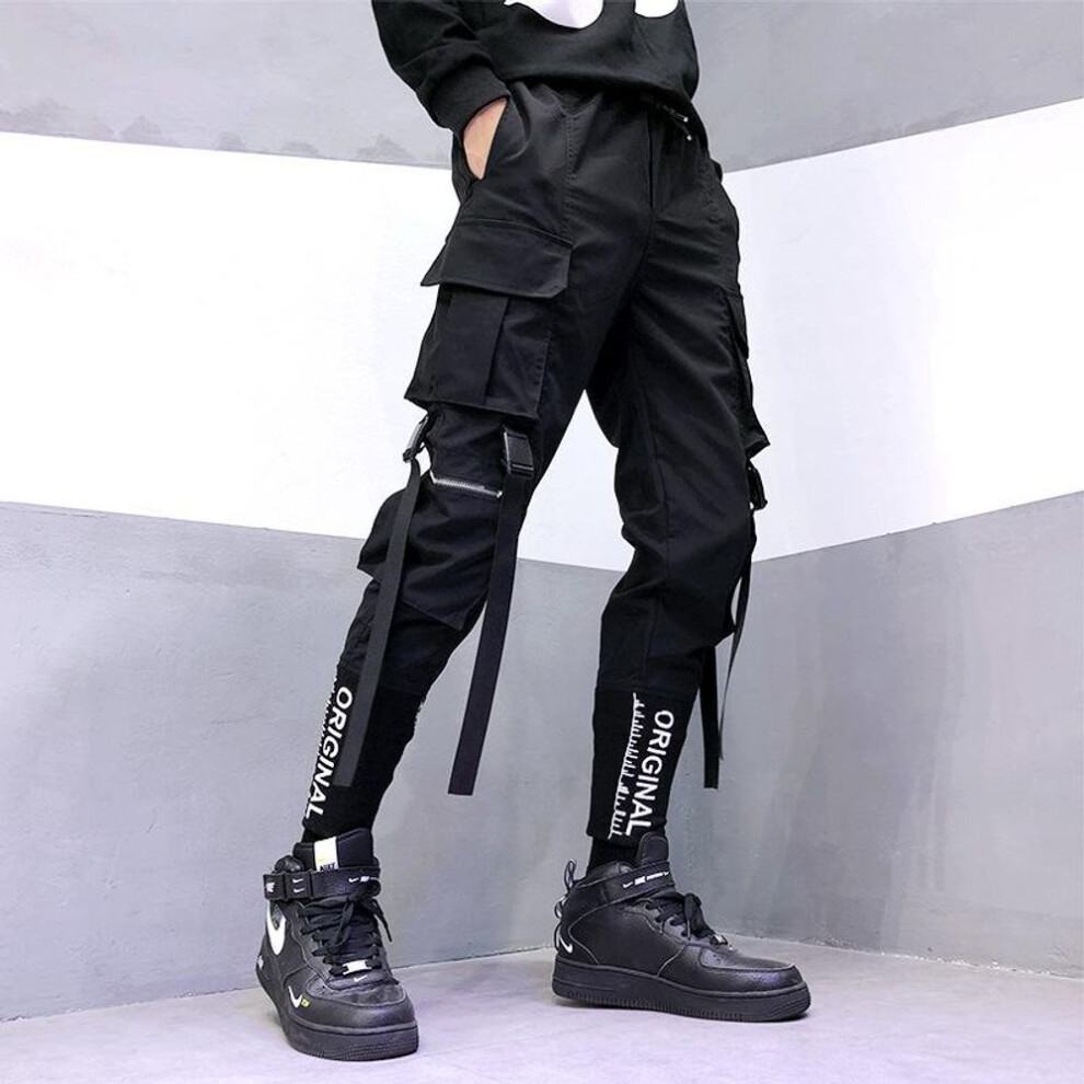 (black, XXL) Mens Cargo Sweat Pant High Street Slim Fit Track Joggers Hip Hop Multi Pocket Sport Pants