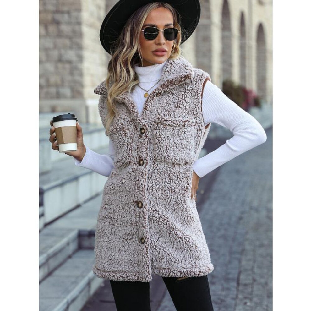 (light brown, XXL) Autumn and Winter Women&apos;s Vest Lapel Sleeveless Long Loose Casual Faded Bubble Velvet Cardigan Vests