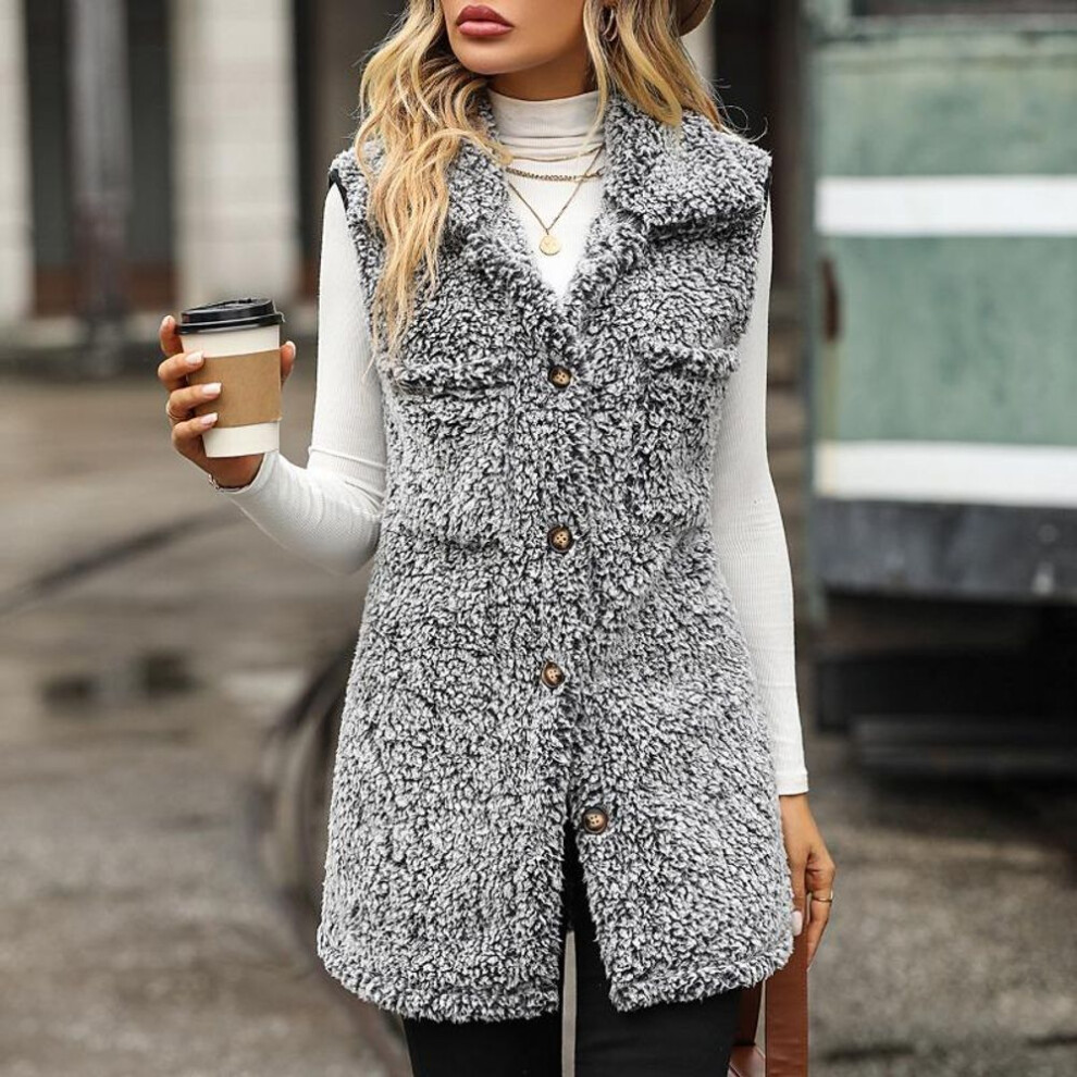 (black, XXL) Autumn and Winter Women&apos;s Vest Lapel Sleeveless Long Loose Casual Faded Bubble Velvet Cardigan Vests