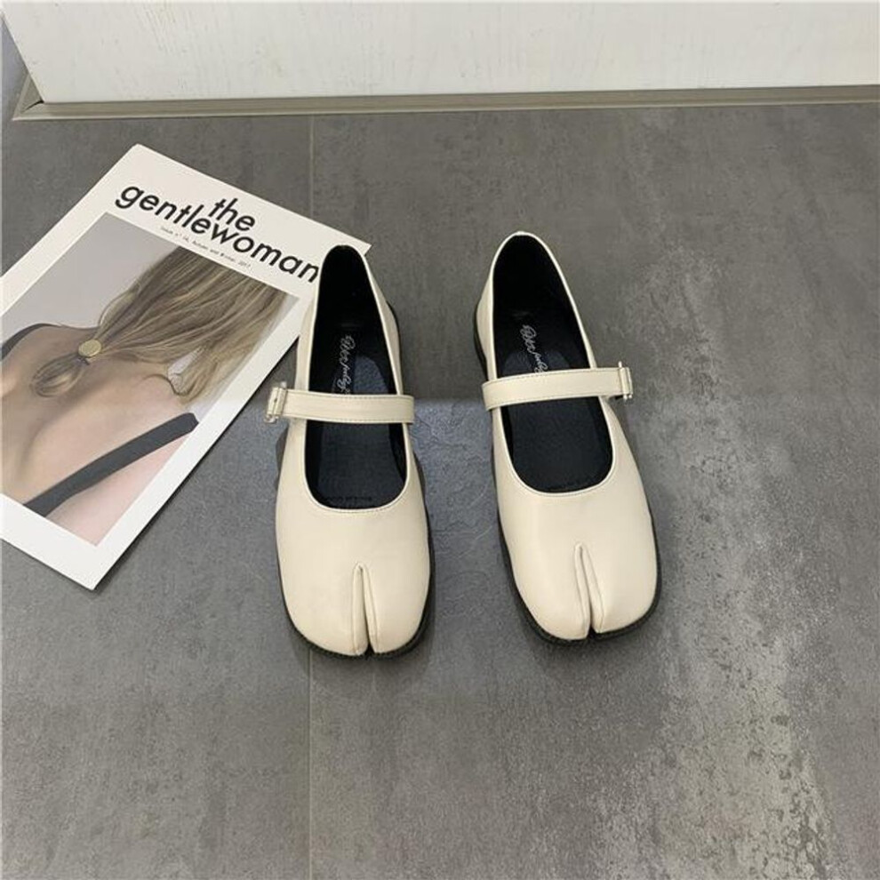 (beige, 36) Novelty Split Toe Flat Shoes Woman Quality Leather Mary Janes Japanese Style Trotters Flats Ankle Bele Tabi Ninja Loafers Women