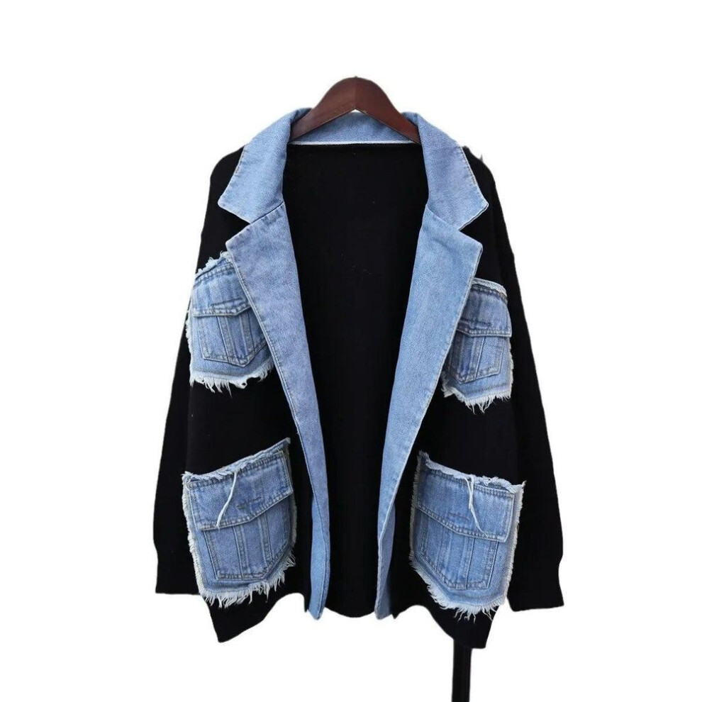 (Black, One Size) Autumn Winter Denim Pocket Spliced Women Sweater Jacket Casual Versatile Knit Female Cardigans Coat Tops