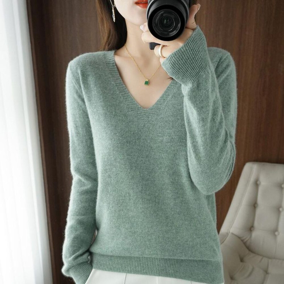 (green, L) 1PC Women Sweater Knitted Cashmere V-neck Bottoming Shirt Pullover Loose Autumn Jumper Long Sleeve