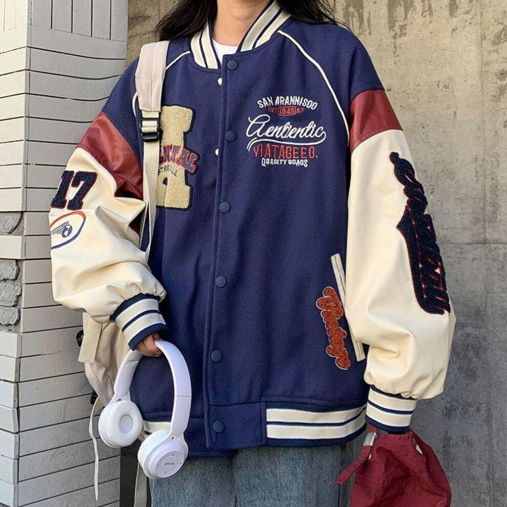 (blue, M) Vintage Bomber Jacket Women Harajuku Varsity Baseball Jackets Korean Fashion College Uniform Oversized Streetwear Y2k
