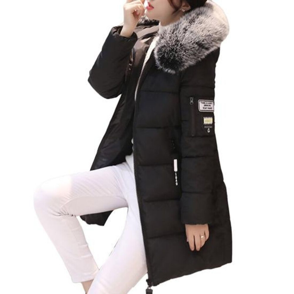 (black, 2XL) Women Winter Cotton Coat Thickened Padded Stuffed Hooded Mid Length Windproof Warm Zipper Pockets Zip Up Long Sleeve Solid Color Slim Fit Lady
