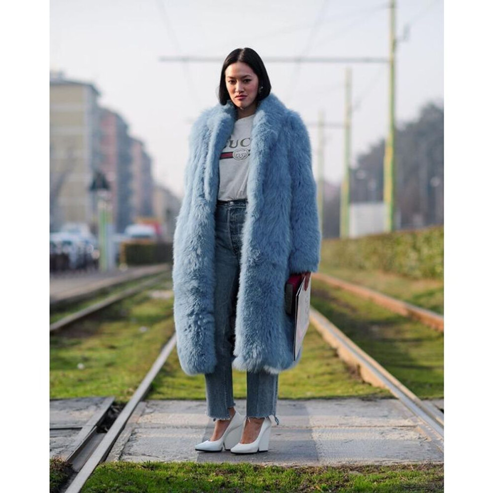 (sky blue, 5XL) Winter Women's Plus Size Long Hair Coat Fashionable Street Hipster Faux Fur Flip Lapel Fur Coat