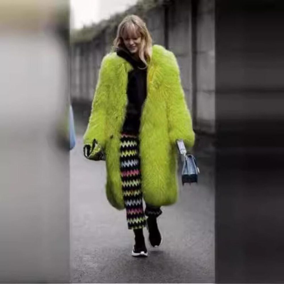 (bright green, 4XL) Winter Women's Plus Size Long Hair Coat Fashionable Street Hipster Faux Fur Flip Lapel Fur Coat