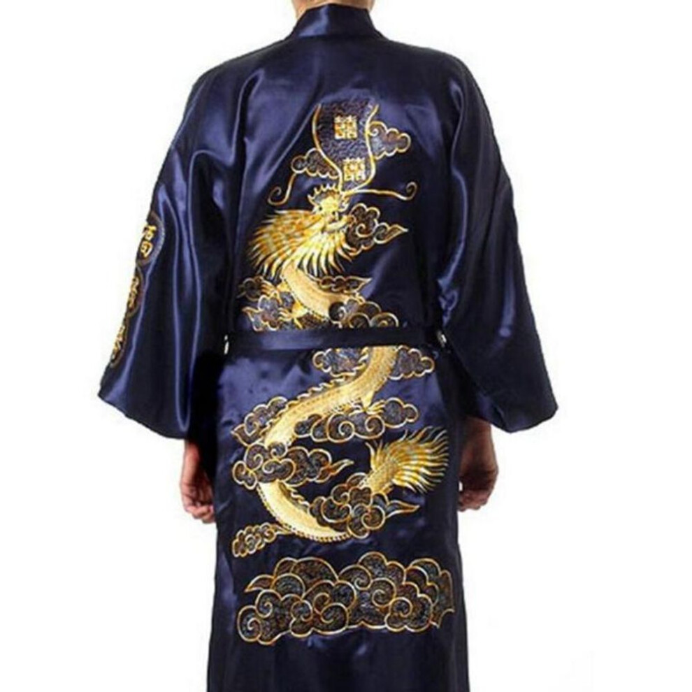 (ultramarine blue, XL) Silk Pajamas Robe Embroidery Dragon Kimono Bath Gown Sleepwear Nightgown Pajama