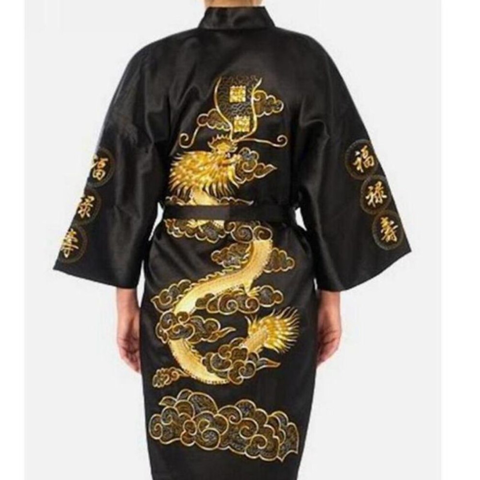(black, L) Silk Pajamas Robe Embroidery Dragon Kimono Bath Gown Sleepwear Nightgown Pajama