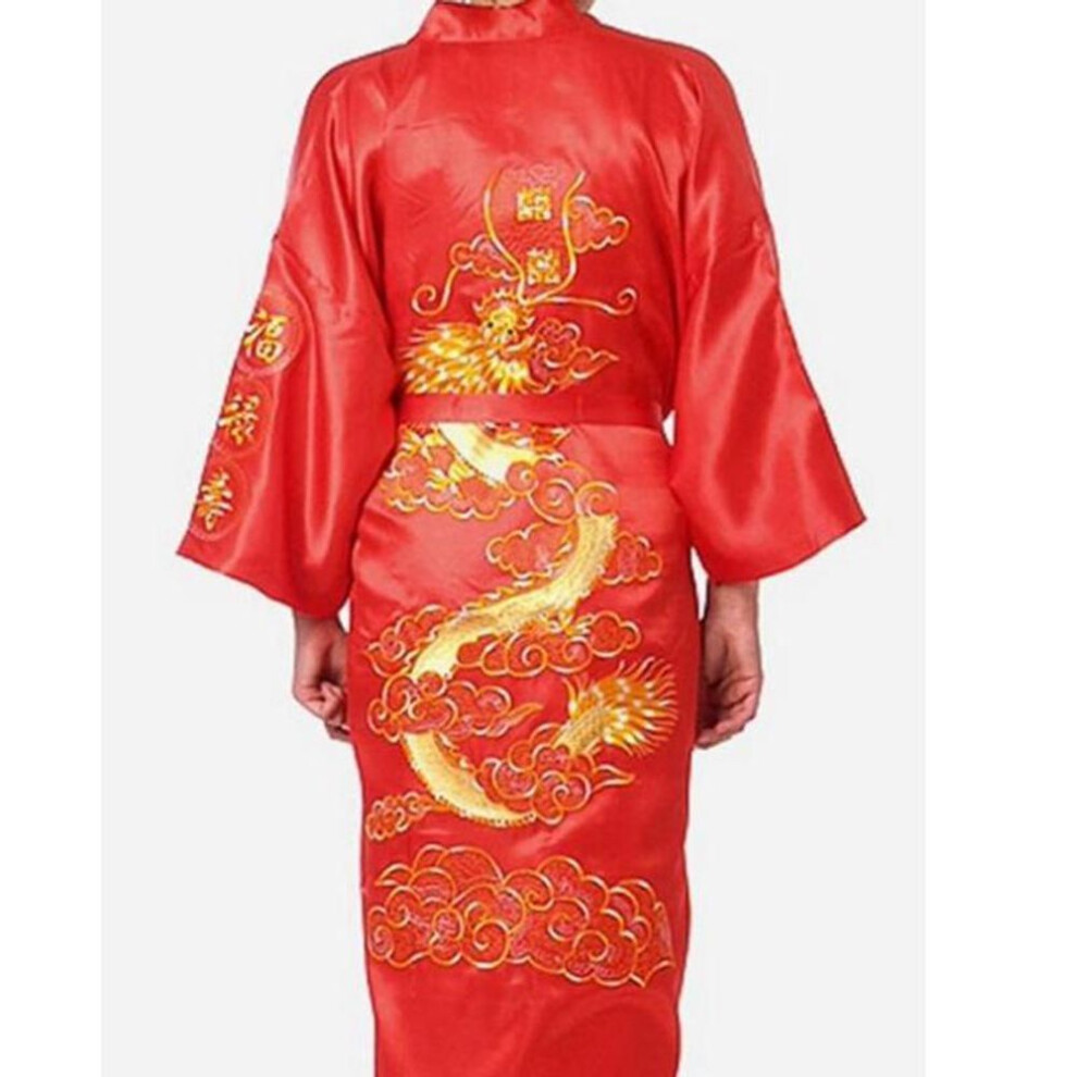 (cardinal, L) Silk Pajamas Robe Embroidery Dragon Kimono Bath Gown Sleepwear Nightgown Pajama
