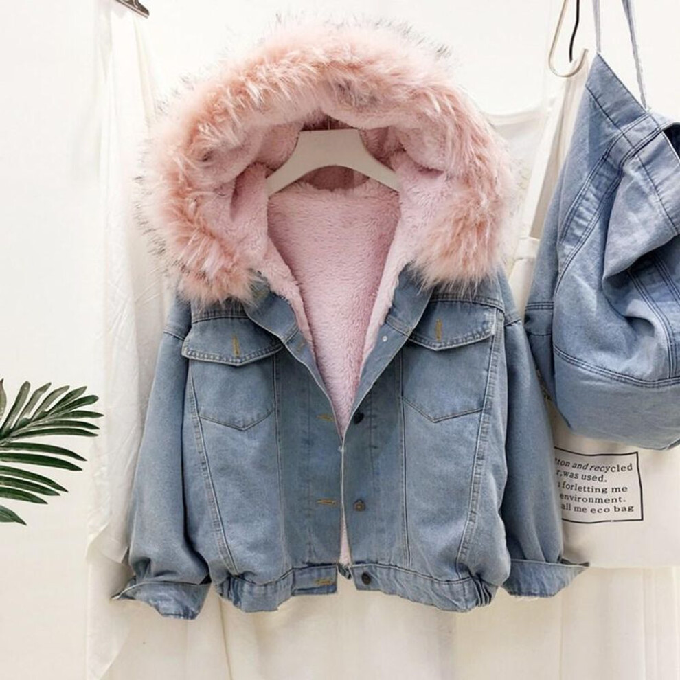 (pink, L) velvet thick denim jacket female winter big faux fur collar Korea denim coat female student short coat