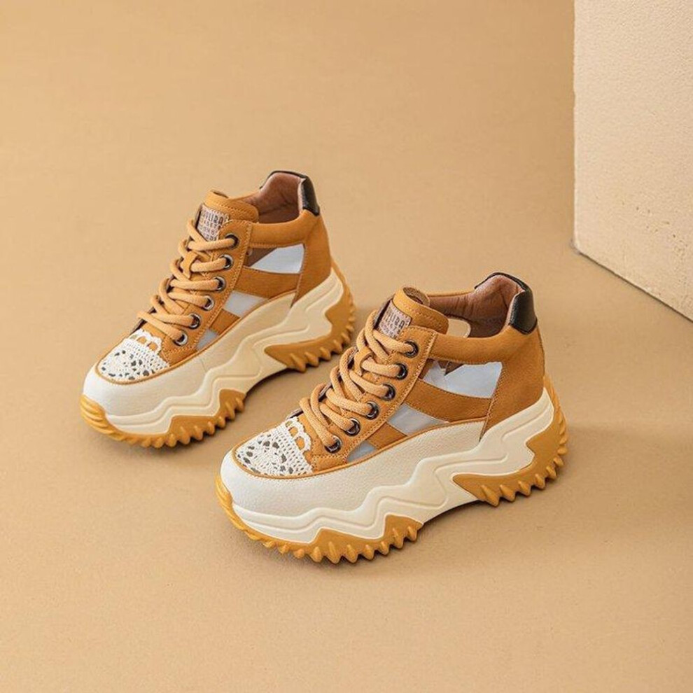 (yellow, 35) Summer Women Chunky Sandals Hollow Out Sneakers Ladies Breathable Heighten Platform Shoes Youth Girls Fashion Retro Trainers
