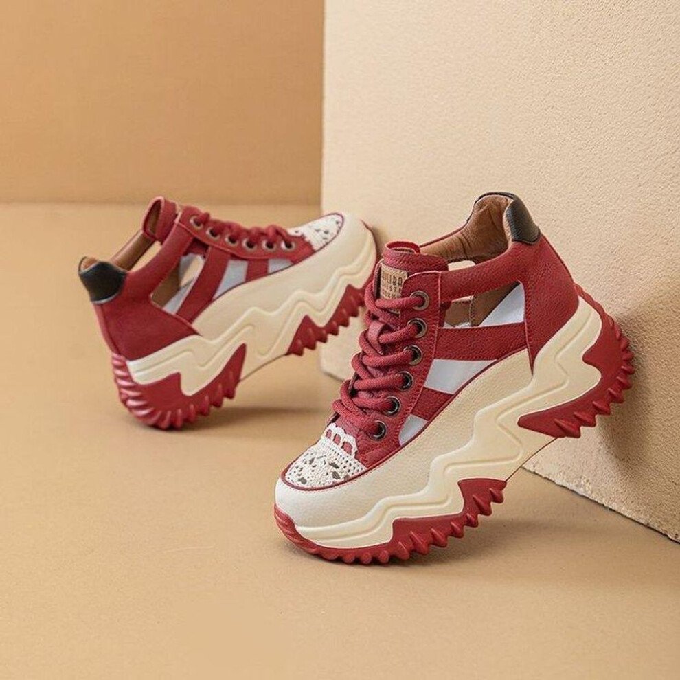 (red, 37) Summer Women Chunky Sandals Hollow Out Sneakers Ladies Breathable Heighten Platform Shoes Youth Girls Fashion Retro Trainers