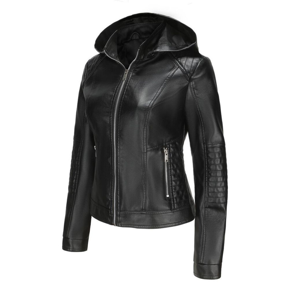 (black, L) Women's Bomber Jackets Faux Leather Removable Hooded Short Coats Slim PU Motorcycle Biker Outwear Spring Autumn Casual Wear