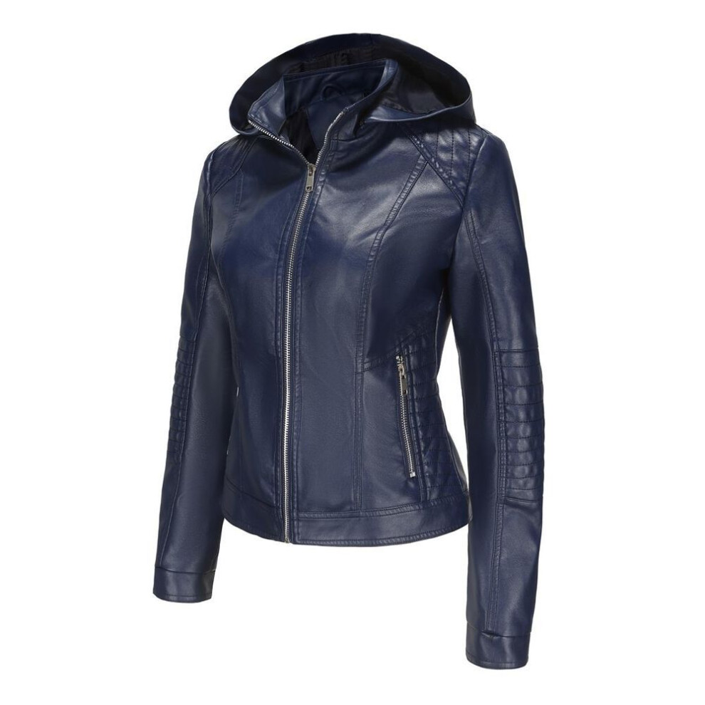 (dark blue, 3XL) Women's Bomber Jackets Faux Leather Removable Hooded Short Coats Slim PU Motorcycle Biker Outwear Spring Autumn Casual Wear