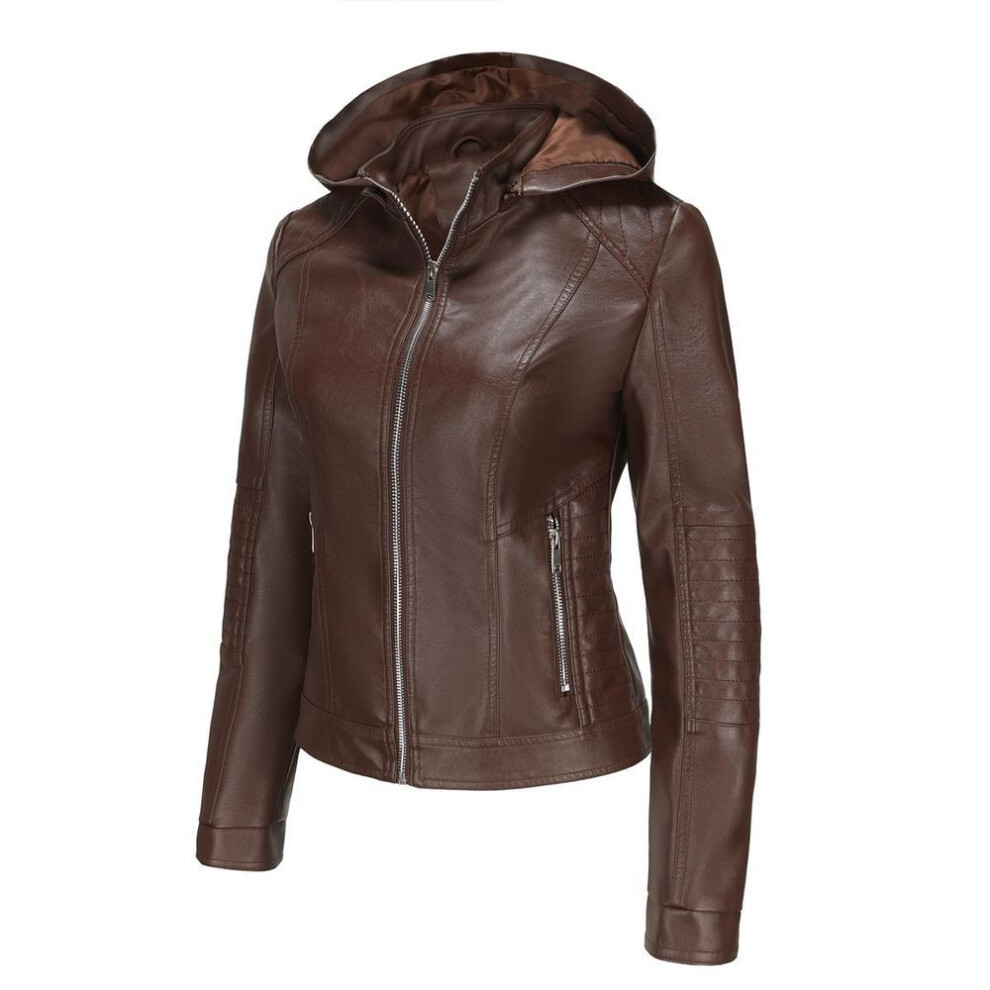 (brown, 3XL) Women's Bomber Jackets Faux Leather Removable Hooded Short Coats Slim PU Motorcycle Biker Outwear Spring Autumn Casual Wear