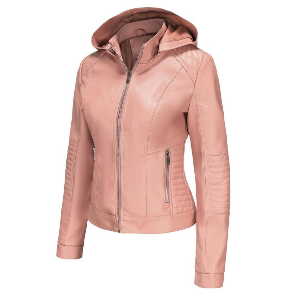 (pink, 2XL) Women's Bomber Jackets Faux Leather Removable Hooded Short Coats Slim PU Motorcycle Biker Outwear Spring Autumn Casual Wear