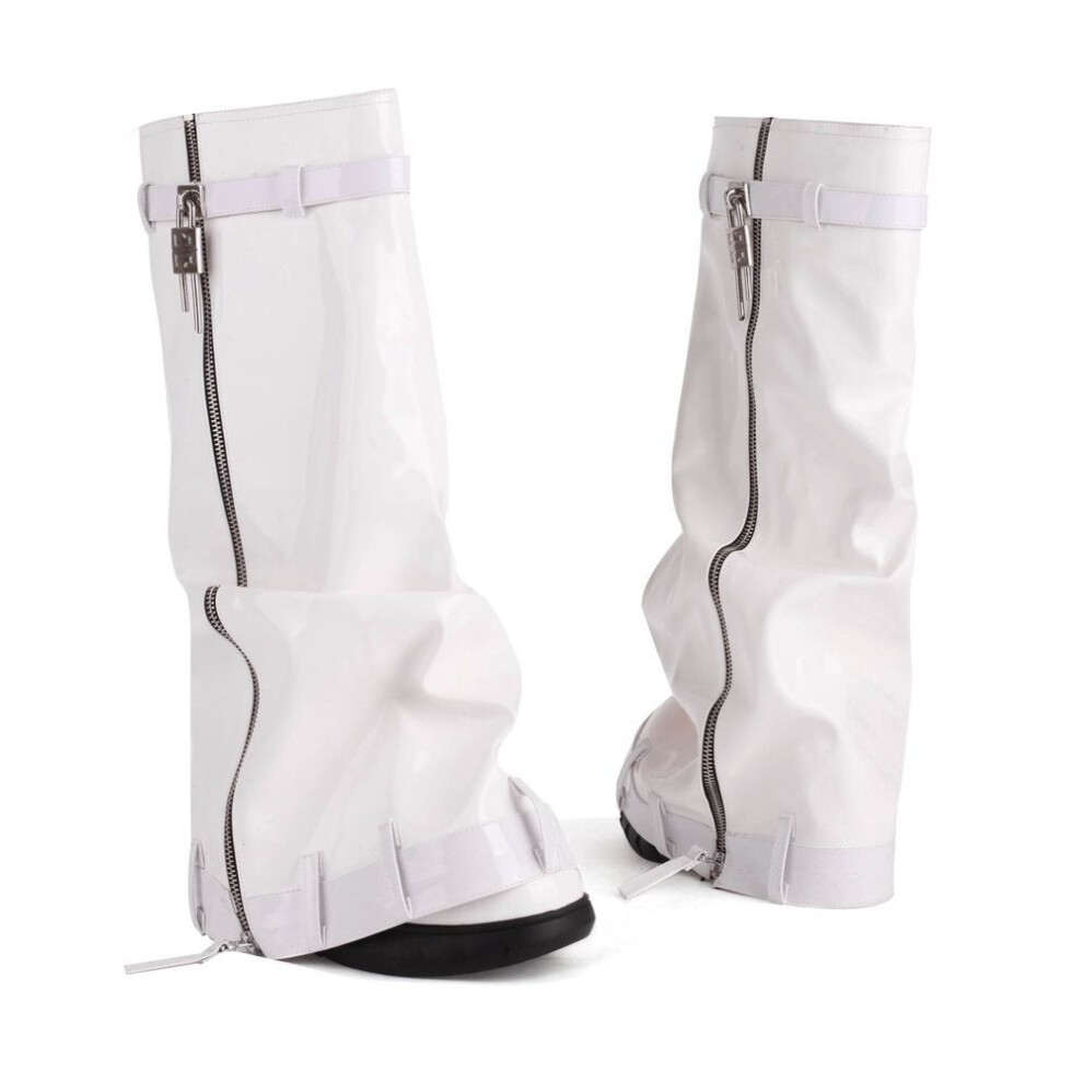 (white, 36) Krazing Pot Pu Leather Winter Shoes Big Size 48 Super High Heels Wedges Waterproof Strange Style Zipper Women Thigh High Boots