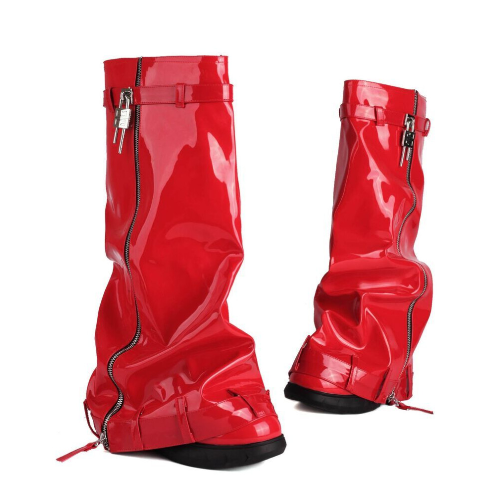 (red, 35) Krazing Pot Pu Leather Winter Shoes Big Size 48 Super High Heels Wedges Waterproof Strange Style Zipper Women Thigh High Boots