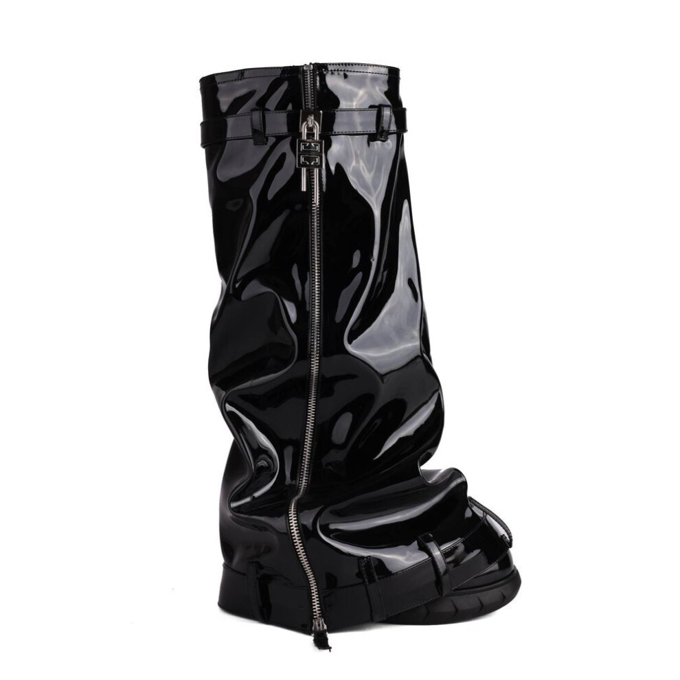 (black, 46) Krazing Pot Pu Leather Winter Shoes Big Size 48 Super High Heels Wedges Waterproof Strange Style Zipper Women Thigh High Boots
