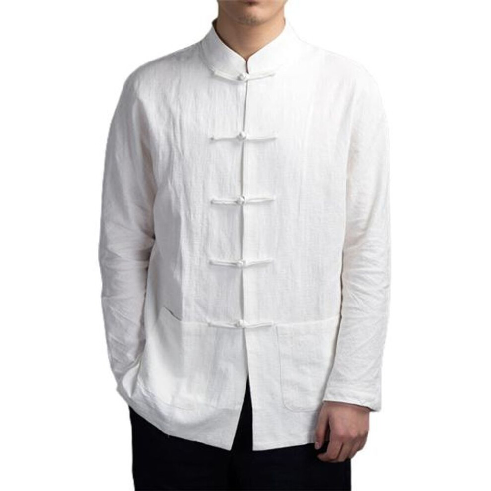 (white, M) Style Shirt Top Mandarin Collar Long Sleeve Pockets Disc Button Traditional Kung Fu Tai Chi