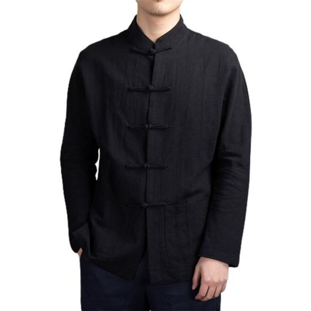 (black, M) Style Shirt Top Mandarin Collar Long Sleeve Pockets Disc Button Traditional Kung Fu Tai Chi