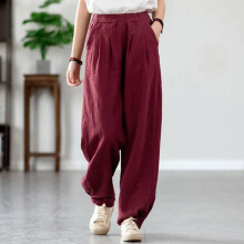 (burgundy, S) Johnature Women Vintage Solid Color Long Pants Linen Elastic Wasit Spring Trouser Pockets Loose Women Straight Pants