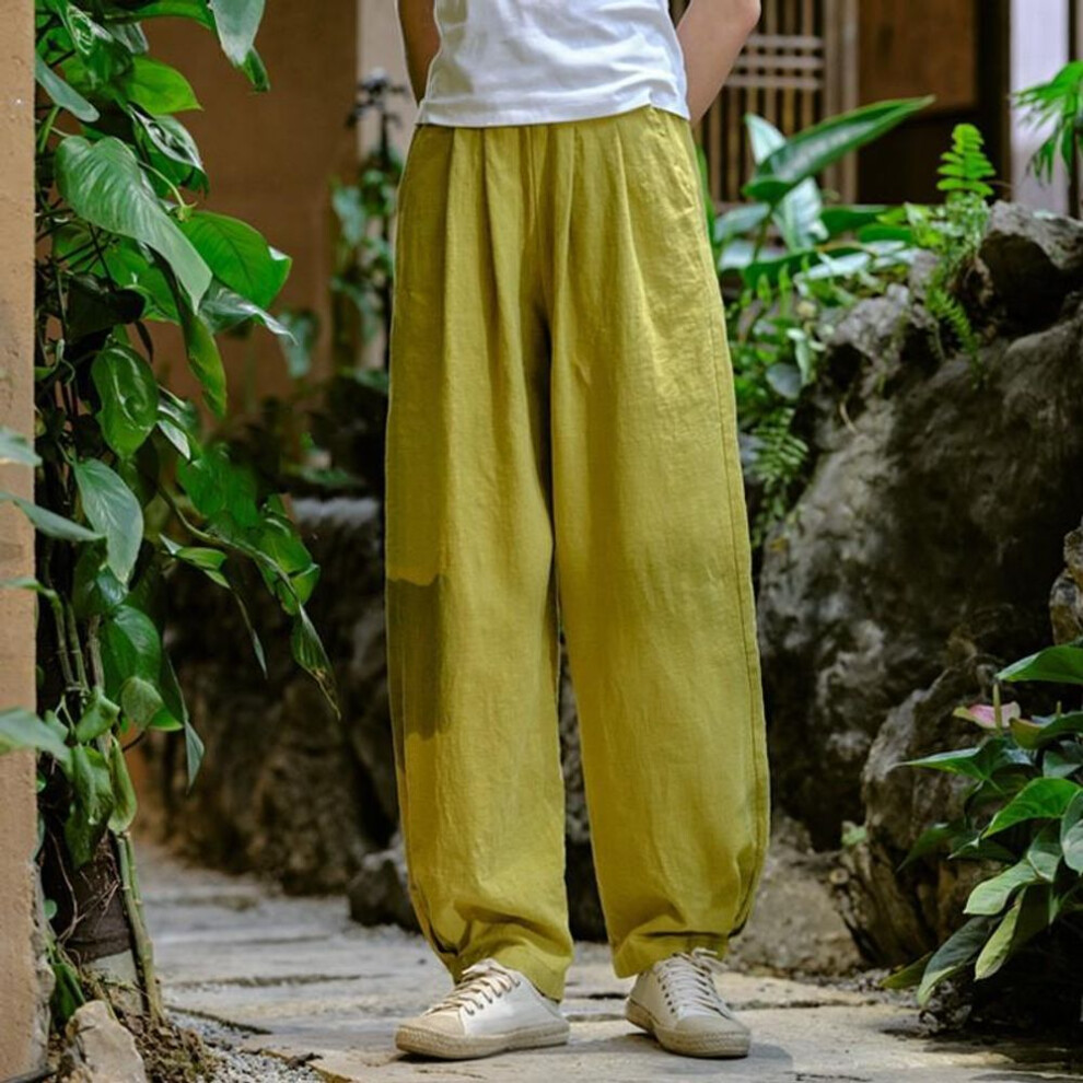 (yellow, M) Johnature Women Vintage Solid Color Long Pants Linen Elastic Wasit Spring Trouser Pockets Loose Women Straight Pants-image-OPC-PFTJST7-NEW
