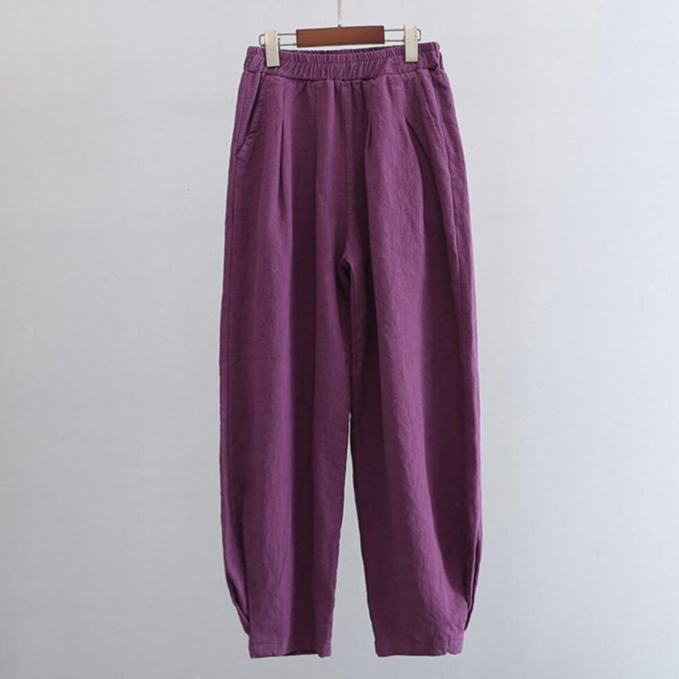 (purple, L) Johnature Women Vintage Solid Color Long Pants Linen Elastic Wasit Spring Trouser Pockets Loose Women Straight Pants