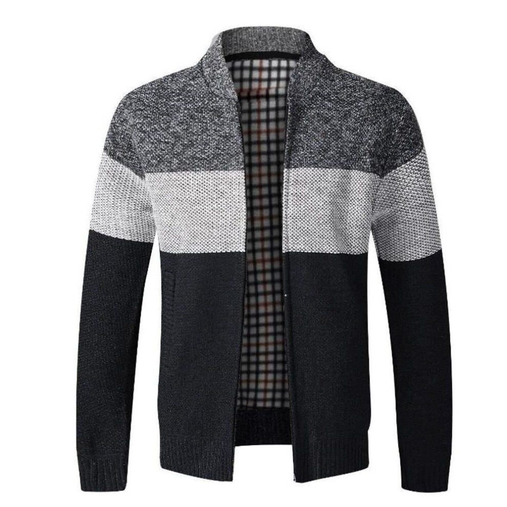 (black, 2XL) New Mens Winter Funnel Collar Zip Up Thick Fleece Lined Knitted Cardigan Jumper Top