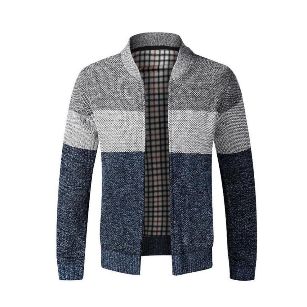 (blue, XL) New Mens Winter Funnel Collar Zip Up Thick Fleece Lined Knitted Cardigan Jumper Top