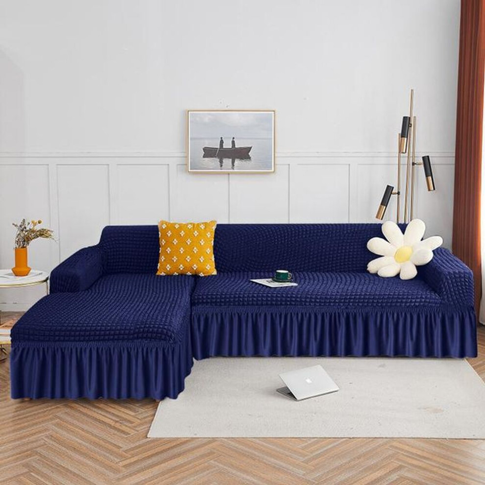(navy, Part BB 90-130cm) Seekers Skirt Sofa Cover L -Shaped Plain Striped Pattern Sofa Cover Living Room Elastic Ruffle Corner Sofa Cover