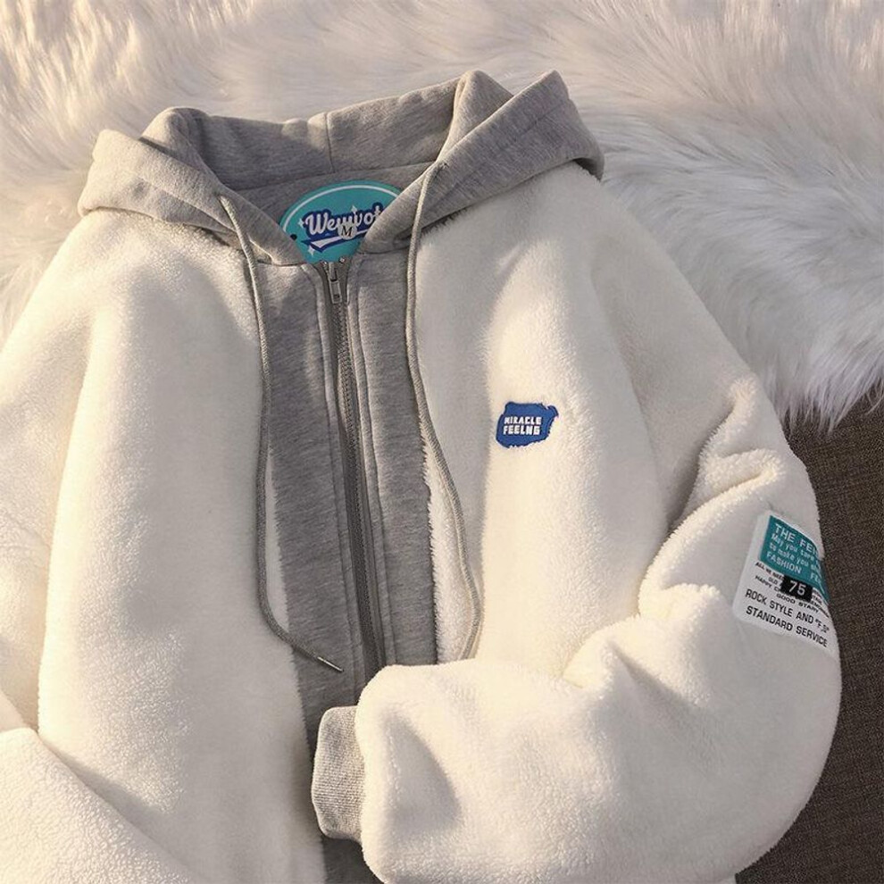 (grey, S) Winter Lamb Wool Hooded Sweatshirt Women Casual Thick Warm Loose Padded Jackets Coat Hip-hop Retro Zip Up Patchwork Hoodies