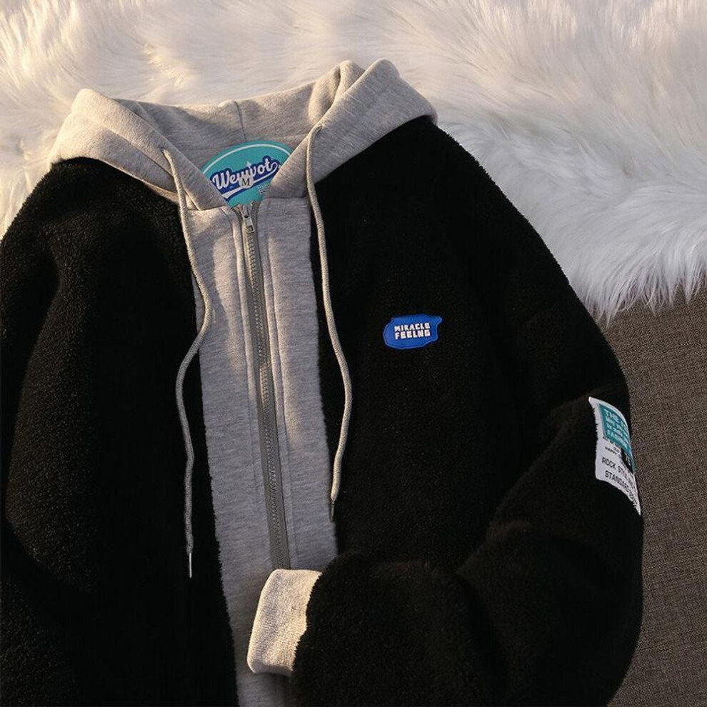 (black, L) Winter Lamb Wool Hooded Sweatshirt Women Casual Thick Warm Loose Padded Jackets Coat Hip-hop Retro Zip Up Patchwork Hoodies