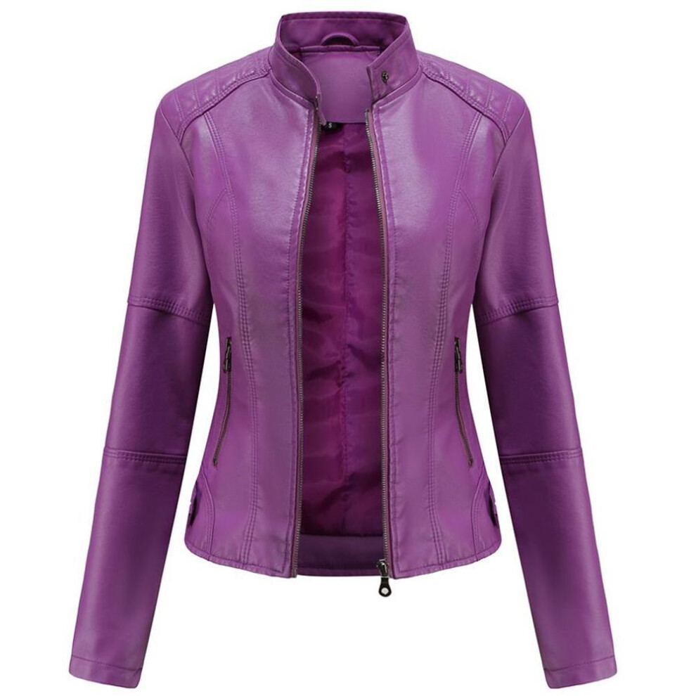 (purple, 2XL) Women Faux Leather Biker Jacket Pu Motorcycle Casual Zip Up Slim Coat Cropped Racer Moto Bomber Outerwear Plus Size S-4xl Oversized Fashion New