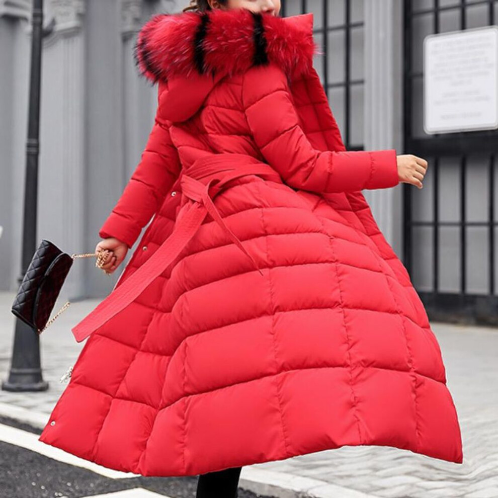 (red, M) New Winter Jacket Women's Warm Fashion Bow Belt Fox Fur Collar Coat Long Dress Women's Thick Coat