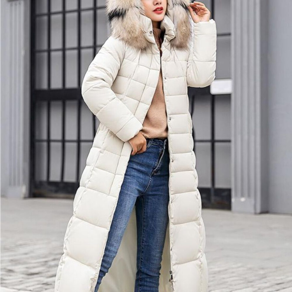 (beige, M) New Winter Jacket Women's Warm Fashion Bow Belt Fox Fur Collar Coat Long Dress Women's Thick Coat