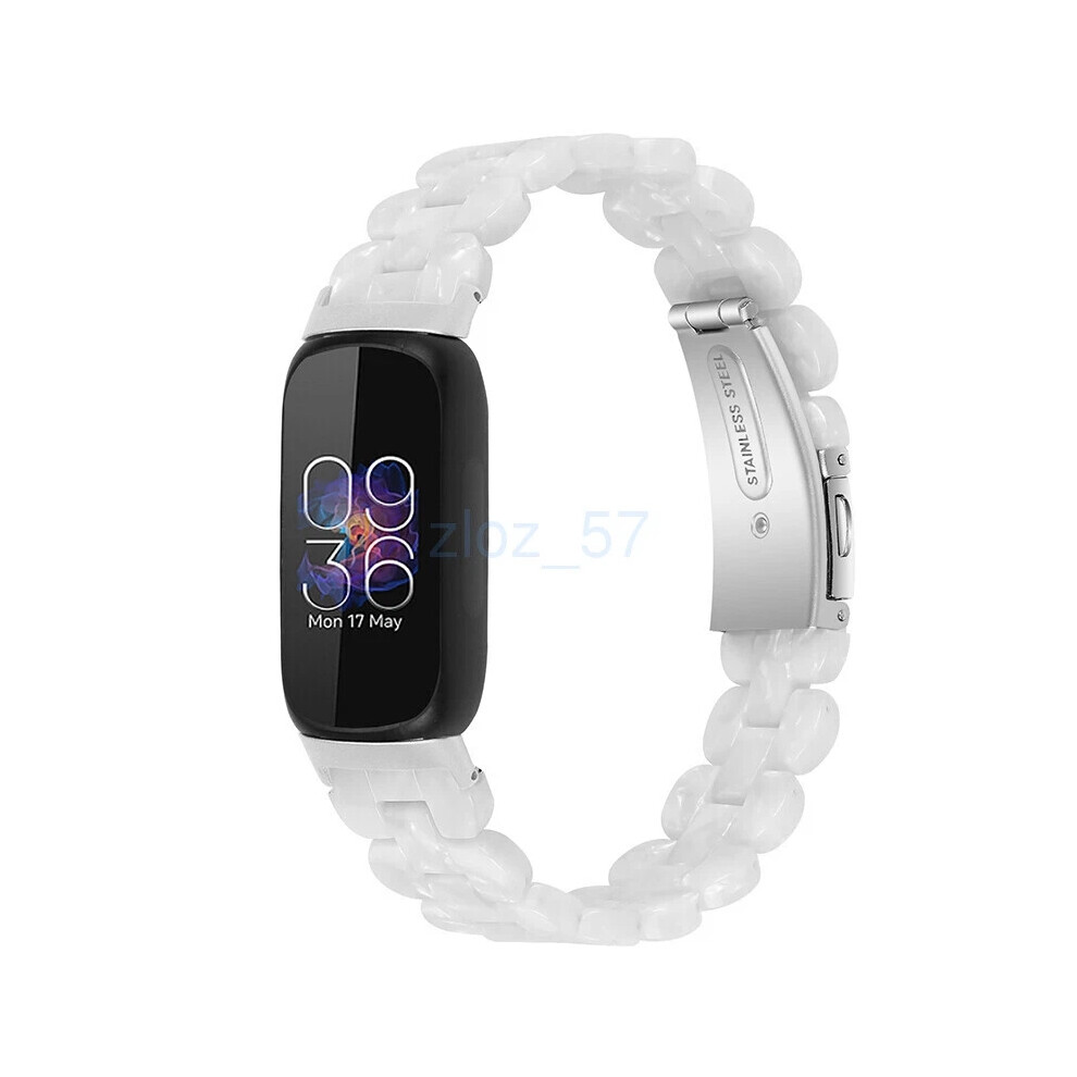 (Pearl ) For Fitbit Inspire 3 Fashion Luxury Resin Strap Stainless Steel Watch Band Hot White 6963793606849