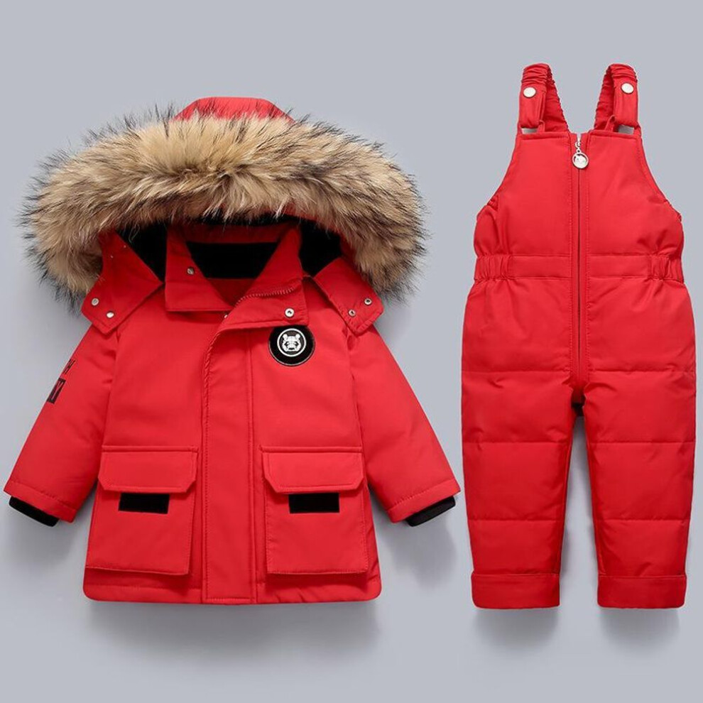 (red, 110(4T)) Children Clothing Set 2pcs Baby Winter Warm Down Jackets Boys Thicken Jumpsuit Infant Overalls Baby Girl Clothes Kids Snowsuit