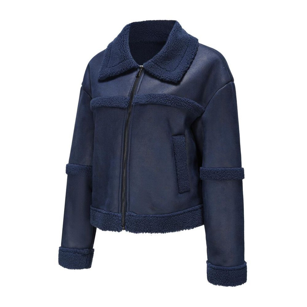 (dark blue, M) Women's Suede Faux Leather Jackets Plush Fleece Lined Lapel Zipper Short Coat Long Sleeves Windproof Warm Bomber Jacket Loose Fit Outer Wear