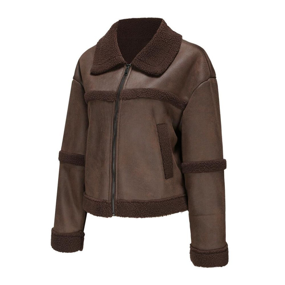 (brown, L) Women’s Suede Faux Leather Jackets Plush Fleece Lined Lapel Zipper Short Coat Long Sleeves Windproof Warm Bomber Jacket Loose Fit Outer Wear
