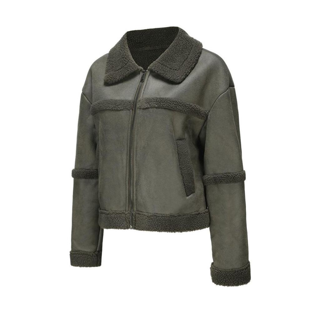 (green, L) Women's Suede Faux Leather Jackets Plush Fleece Lined Lapel Zipper Short Coat Long Sleeves Windproof Warm Bomber Jacket Loose Fit Outer Wear