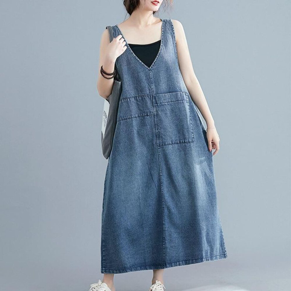 (blue, M) Denim Dress Women Plus Size Casual Vintage Sleeveless Big Pockets Loose Retro Jeans Dresses Female V Neck Summer